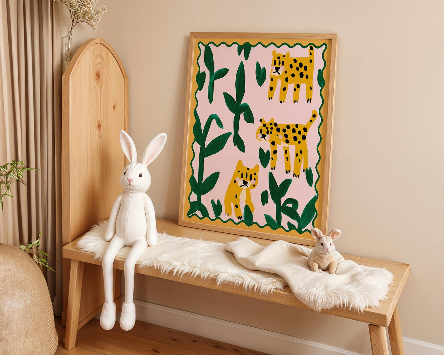 Poster Kinderzimmer Leoparden · Tierposter mit Dschungelpflanzen · Bunte Safari Wanddeko für Kinderzimmer · Dekoprint ohne Rahmen-2