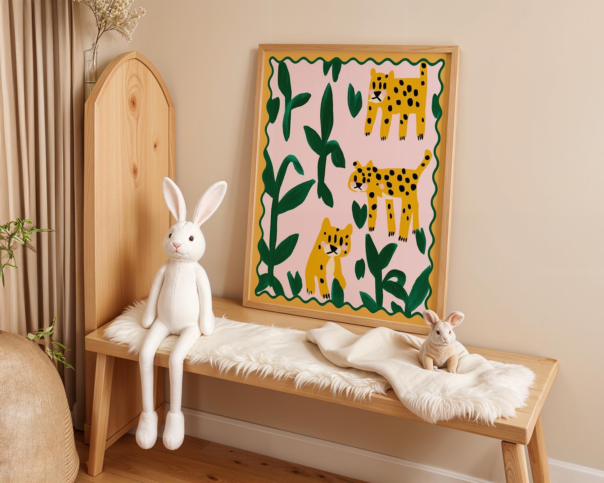 Poster Kinderzimmer Leoparden · Tierposter mit Dschungelpflanzen · Bunte Safari Wanddeko für Kinderzimmer · Dekoprint ohne Rahmen-2