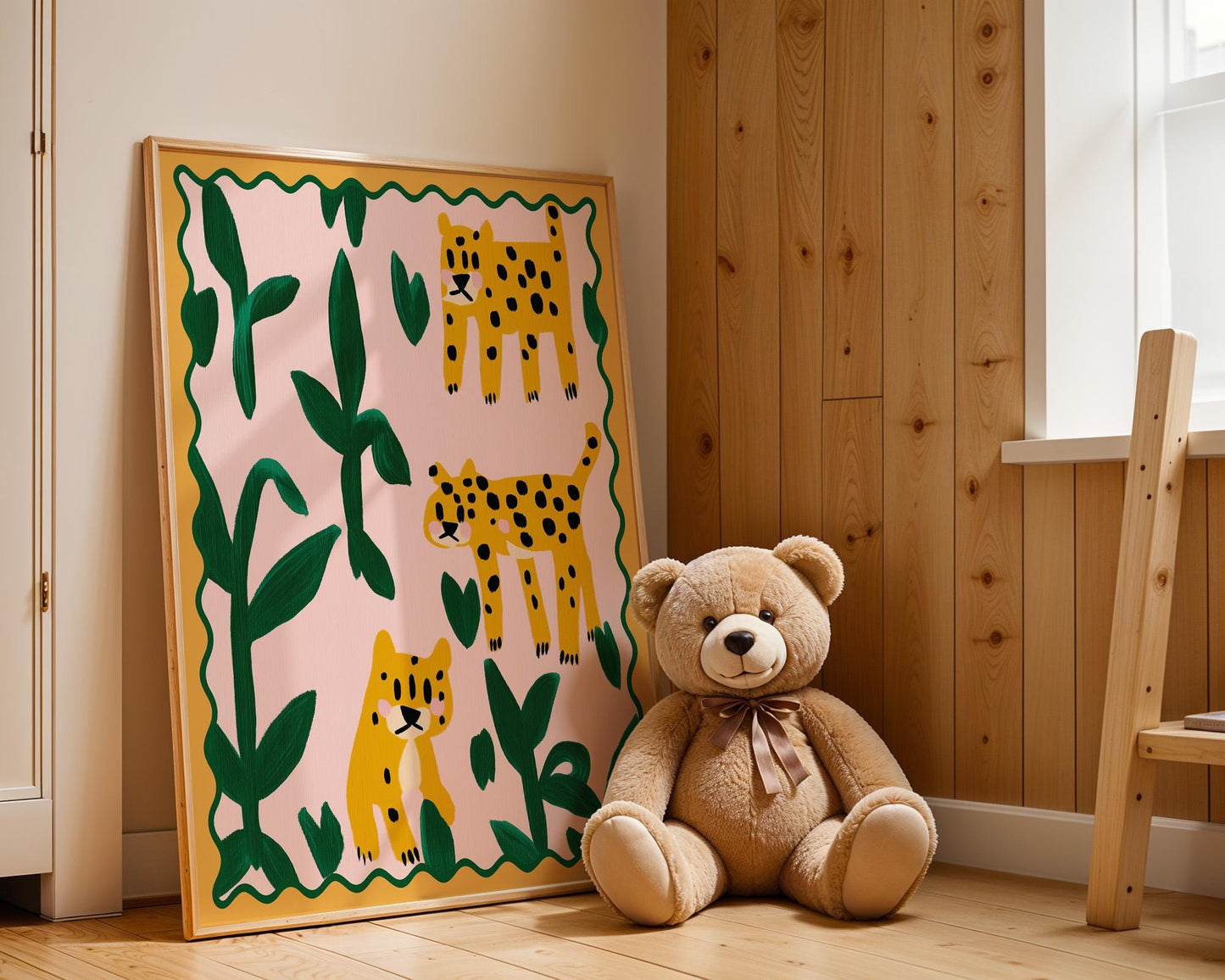 Poster Kinderzimmer Leoparden · Tierposter mit Dschungelpflanzen · Bunte Safari Wanddeko für Kinderzimmer · Dekoprint ohne Rahmen-3