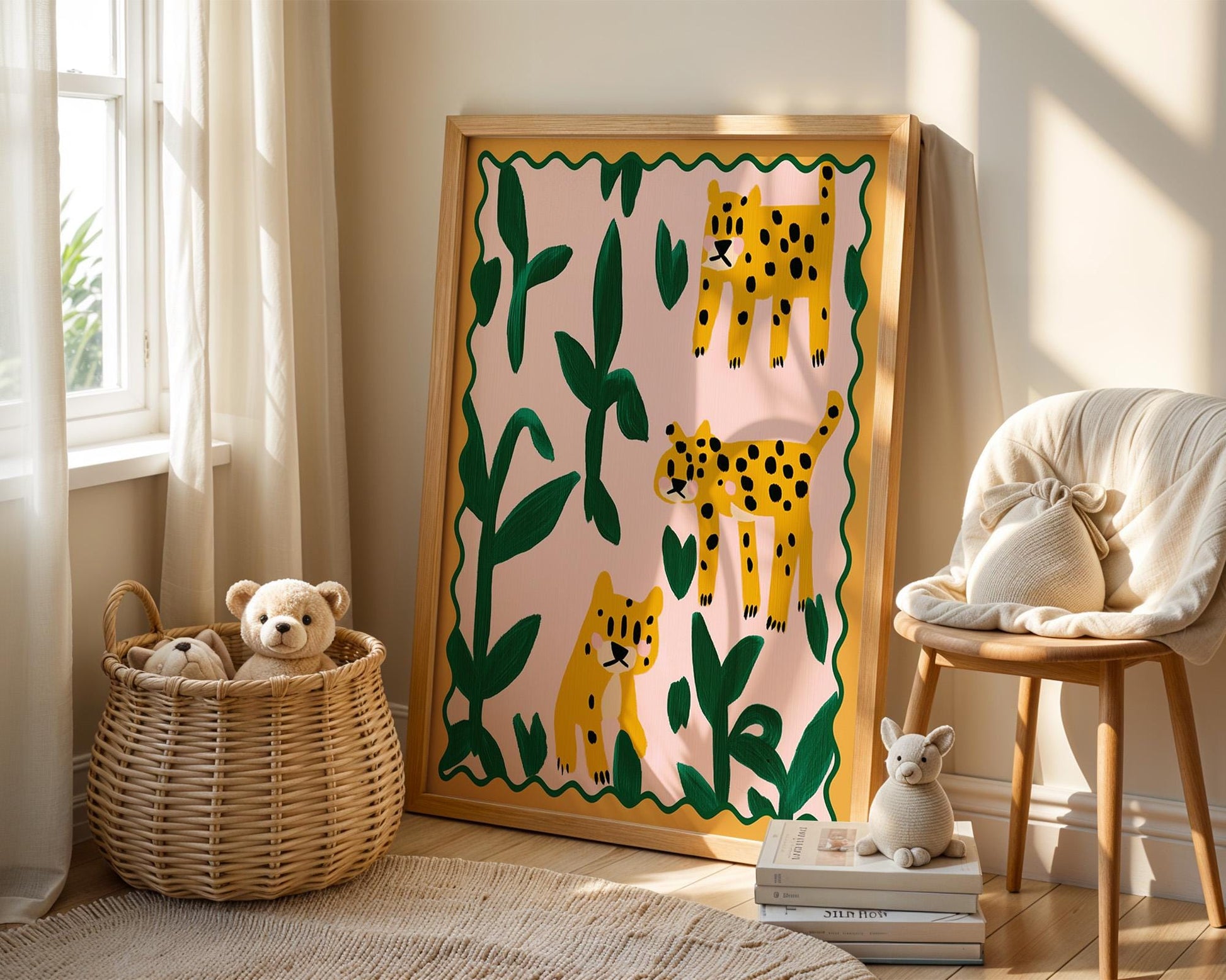Poster Kinderzimmer Leoparden · Tierposter mit Dschungelpflanzen · Bunte Safari Wanddeko für Kinderzimmer · Dekoprint ohne Rahmen-1