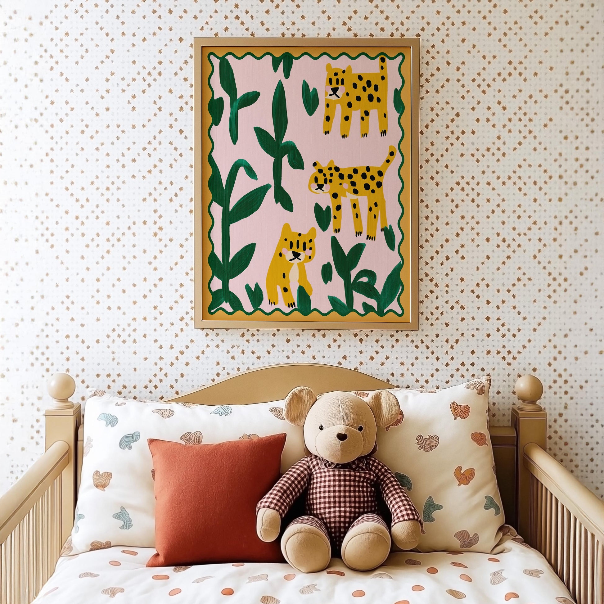 Poster Kinderzimmer Leoparden · Tierposter mit Dschungelpflanzen · Bunte Safari Wanddeko für Kinderzimmer · Dekoprint ohne Rahmen-4